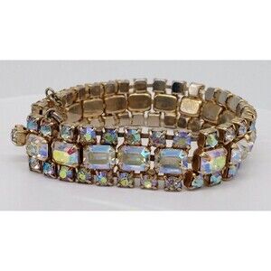 Kramer NY Aurora Borealis Baguette Rhinestone Bracelet Gold Tone Metal Sparkly!